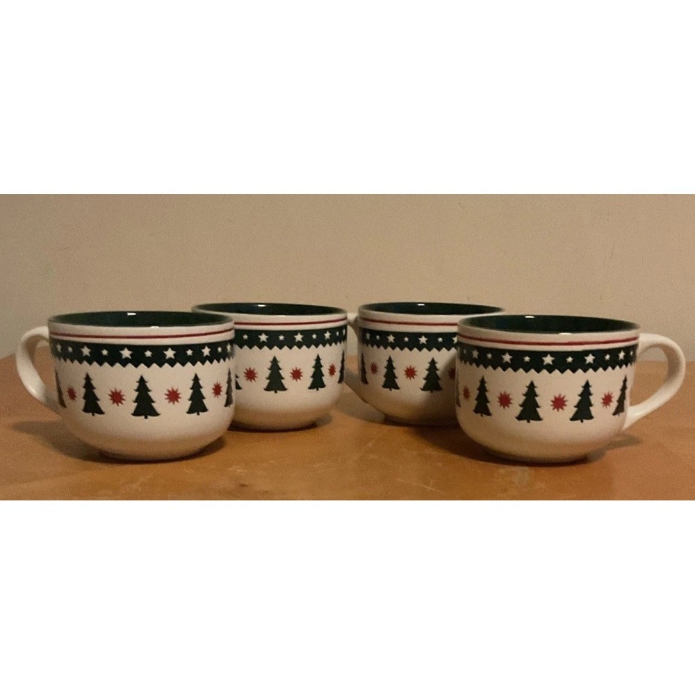NEW Sleigh Bell Bistro Christmas Trees And Stars Oversize Coffee‎ Tea Mug Set 4